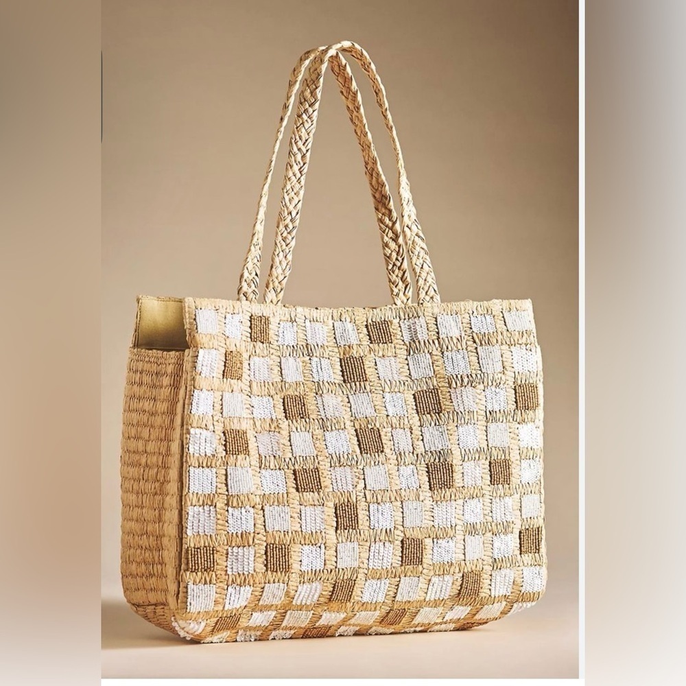 🤎MADE IN INDIA handmade Woven Checkered Sequin Tote Bag - White and Tan-NWT🤎